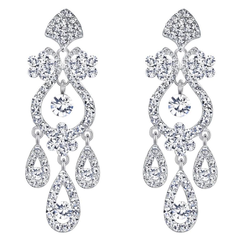 Silver with White Diamond Austrian Crystal Flower Vase Chandelier Post Earrings